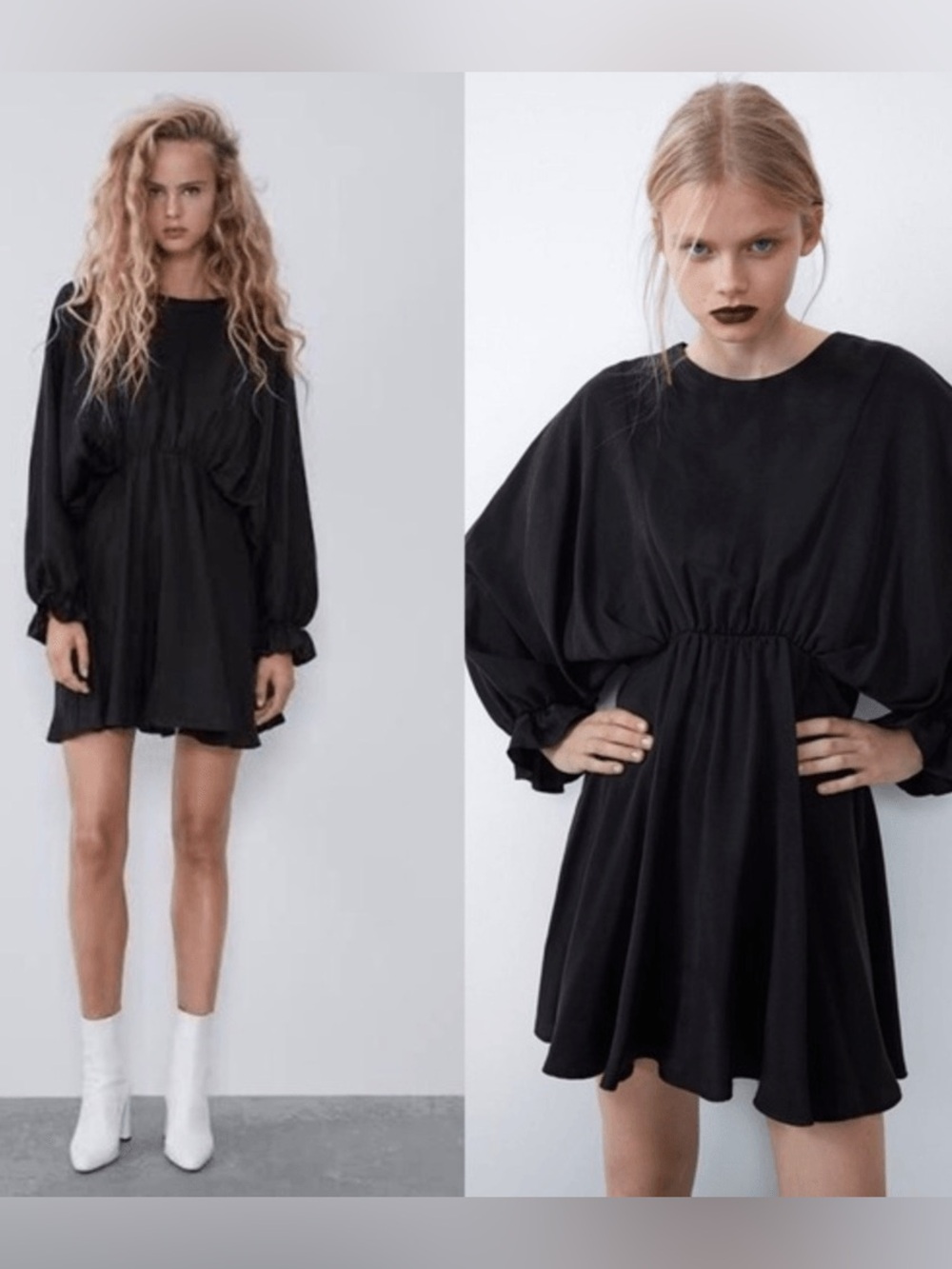 Zara Black Long-Sleeve Mini Dress with Gathered Waist Detail